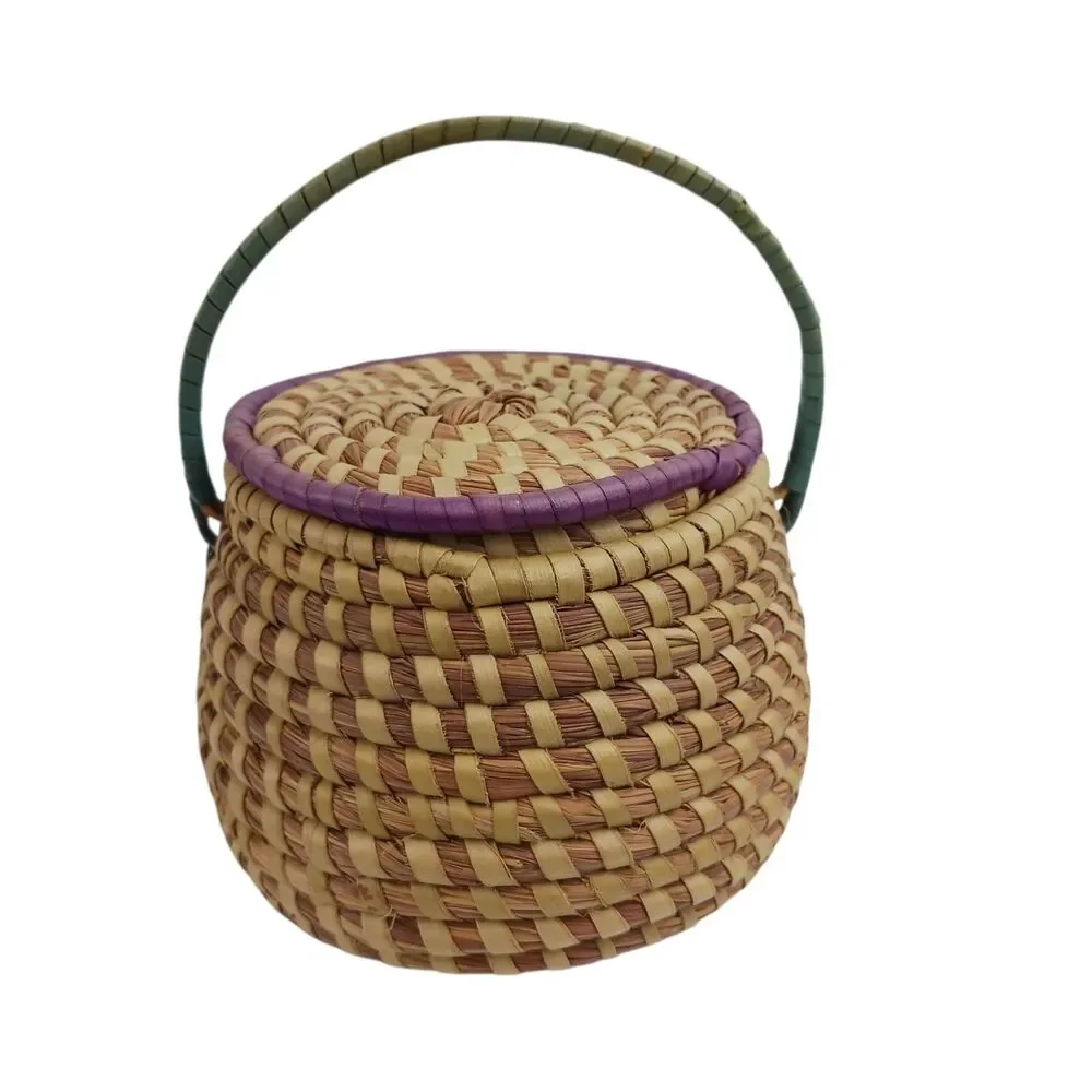 Vtg Sweetgrass Basket With Lid Low Country Single Handle Gullah